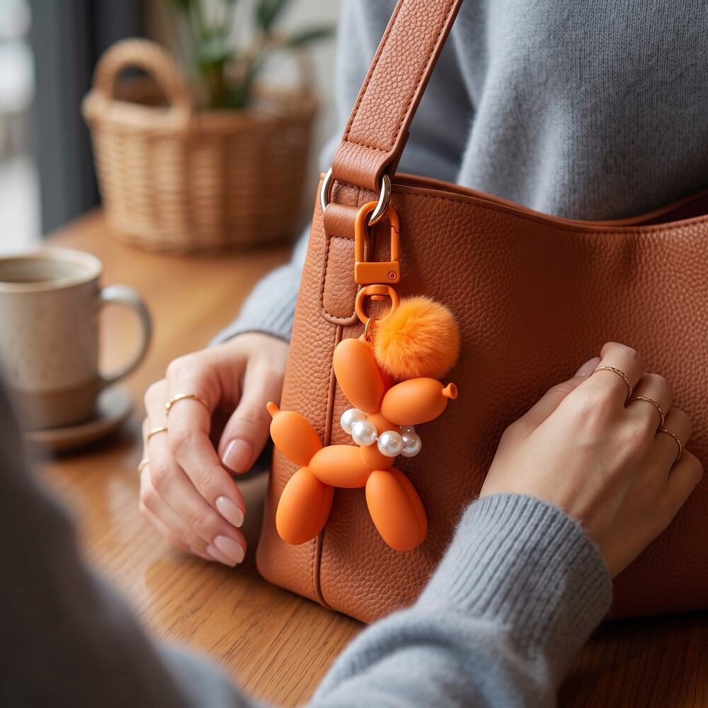 Mint Orange Balloon Dog Keychain Bag Charm Pom Pom Pearl Collar NEW